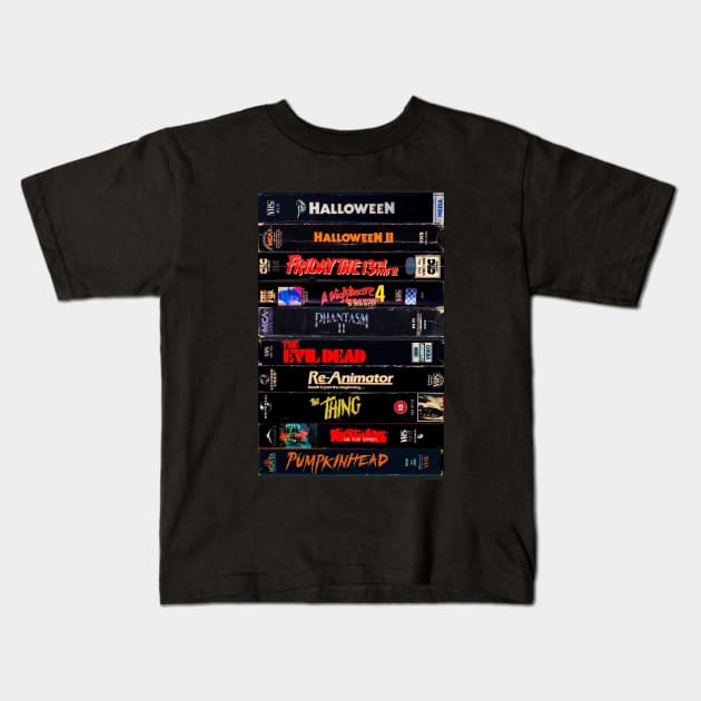 Retro Horror Movies VHS Stacks Kids T-Shirt by HipHopTees